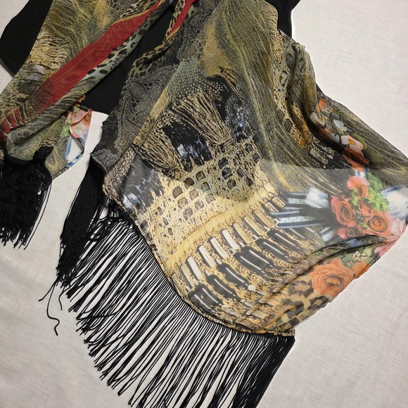 Vtg 90s Alberto Makali Kimono Cardigan Womens Small Leopard Floral Fringe Whimsi - Picture 4 of 9